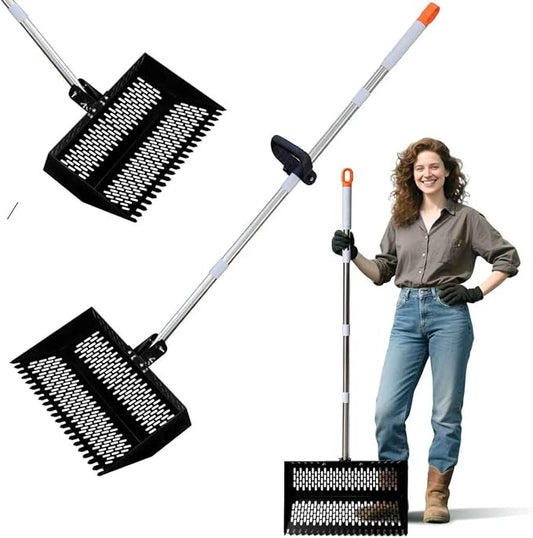 17inch Width Heavy Duty 2-in-1 Chicken Poop Scooper & Rake, Stainless Steel Chicken Coop Litter Sifting Shovel with Ergonomic Grip & Adjustable Angle, Sand Scoop for Coop, 37-54 Inch (17inch)
