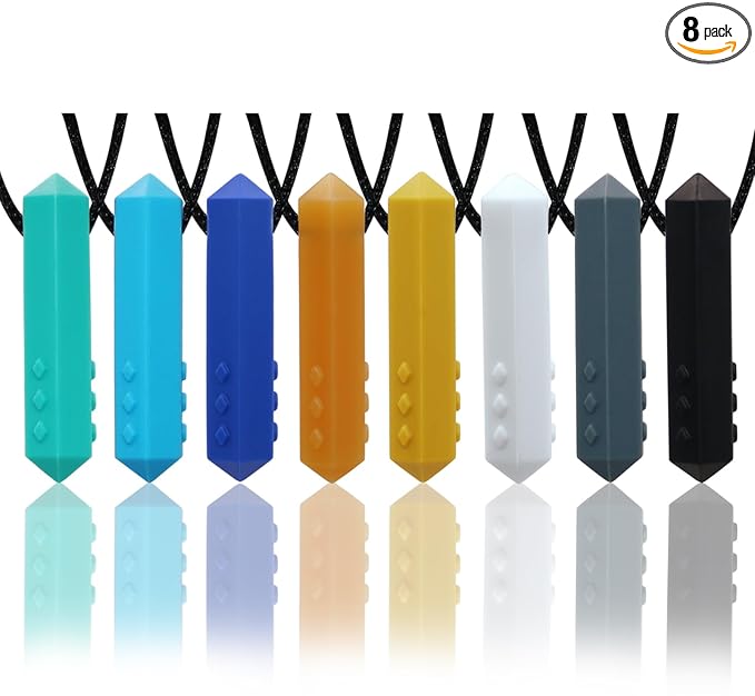 Chewy Necklace Sensory Boys and Girls, 8 Pack Sensory Chew Necklaces for Kids with Autism, ADHD, SPD, Anxiety, Teething, Silicone Oral Motor Therapy Tools Reduce Adults Chewing, Biting