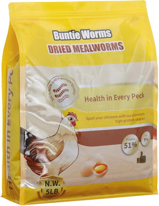 BUNTIE WORMS Dried Mealworms 5LB, 100% Natural, Non-GMO Mealworms for Chickens – High Protein Chicken Feed Meal Worms for Wild Birds, Chickens, Ducks and Turtles