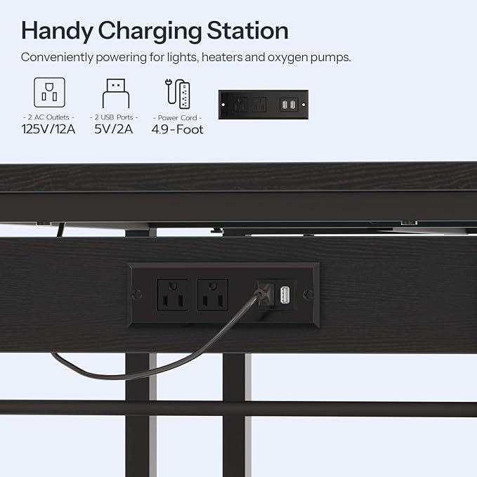 HOOBRO Fish Tank Stand with Power Outlet and LED Light, 20-29-37 Gallon Aquarium Stand with Storage Shelves, 30.7" L x 13.8" W, Reptile Tank Stand with Stable Metal Frame, Black BK80UDFT01G1