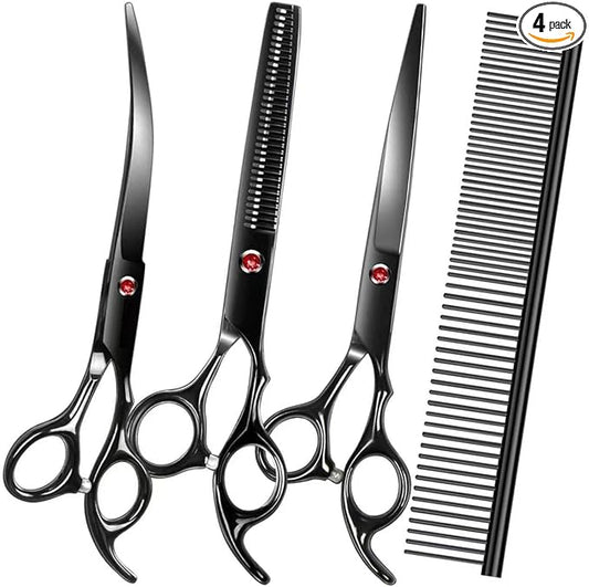 Dog Grooming Scissors Kit, Premium Stainless Steel Dog Shears with Curved Shears, Sharp Durable for Dogs Cats+Black 4 Piece