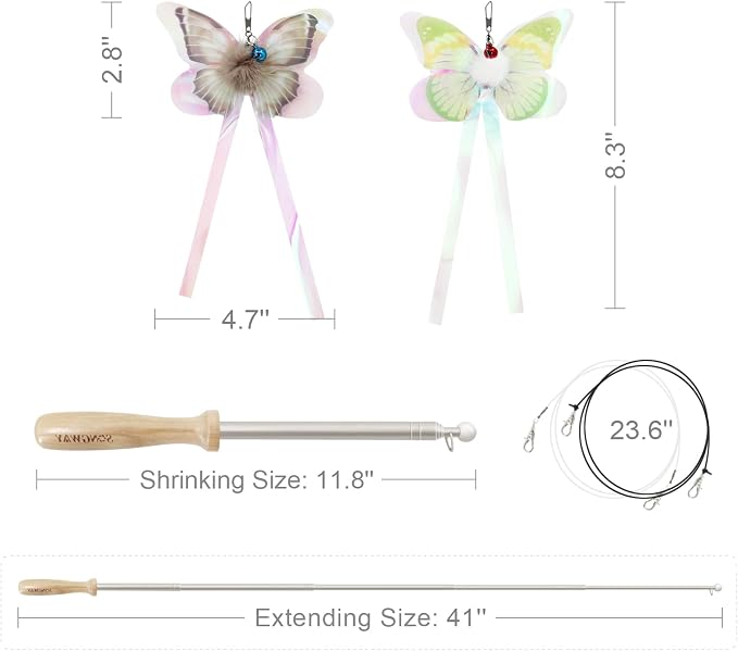 SONGWAY Cat Butterfly Toys Wand - 7 Pieces Cat Toy Set, Retractable Cat Wand with 6 Butterfly Cat Toys Replacement with Bells, Interactive Cat Toys for Indoor Cats Kittens