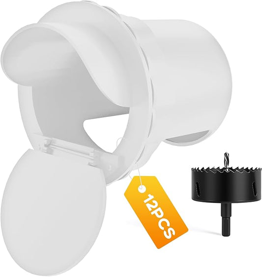 Chicken Feeder Port 12 Pack - No Waste DIY Poultry Feeding Kit with Stopper Lid & Hole Saw, Reusable Rain Proof Automatic Coop Gravity Feeder for Hens Ducks Geese (White)
