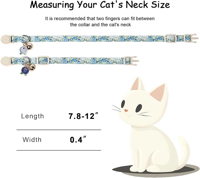 2 Pack Spring Summer Cat Collars - Cute Breakaway Cat Collar with Bell, Bluberry and Strawberry Pendant, Adjustable Kitten Collars for Girl Cats, Pastel Floral Fruit