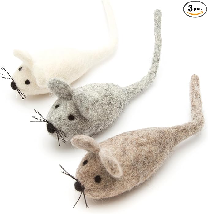 Glaciart One Felt Mouse Cat Toy – 3 Pcs | Soft Fuzzy Enrichment 100% Natural Wool - Interactive Catnip Play Cat Toy Set - Safe for Pets, Non-AZO Colored Dyes