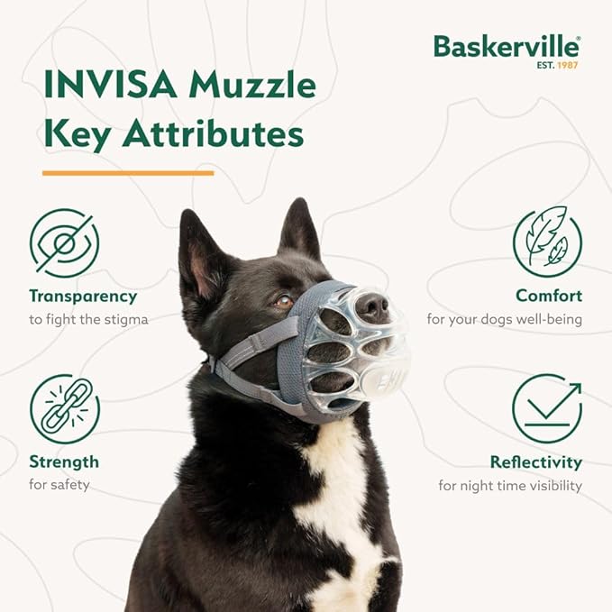 Baskerville INVISA Basket Dog Muzzle - Patented Humane Design with Facial Visibility, Padded Nose Band, Dog can Pant and Drink, Prevents Biting and Scavenging. Muzzle for Medium-Sized Dogs (Size 3)