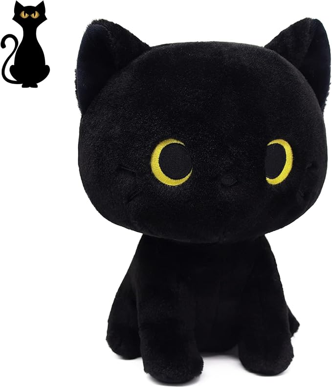 Black Cat Plush, 8inch Cute Cat Stuffed Animals Plushies for Girls, Kawaii Kitten Plushie Soft Cuddle Pillow for Kids, Birthday Gift for Kids Boys Girls, Easter Gifts