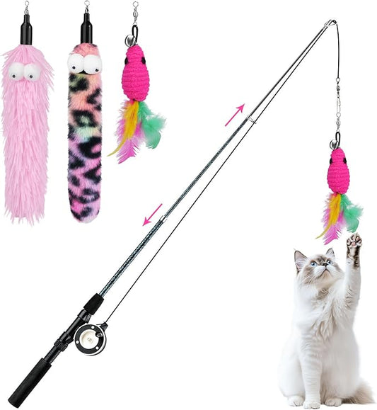 Pawaboo Cat Teaser Wand Toys, Cat Fishing Pole Toy with 3 Pack Feather Refills, 3-Section Retractable Kitten Feather Toys with Pulley, Indoor Cats Teaser Catcher Exerciser with Bell, Rose Red + Pink