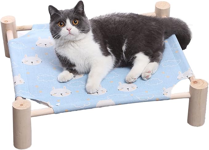 Pozico Cat & Dog Hammock Bed – Wooden Elevated Pet Cot with Breathable Mesh – Raised Cat Bed for Small Pets, Portable Puppy Bed Indoor & Outdoor Use – Blue Rabbit Design