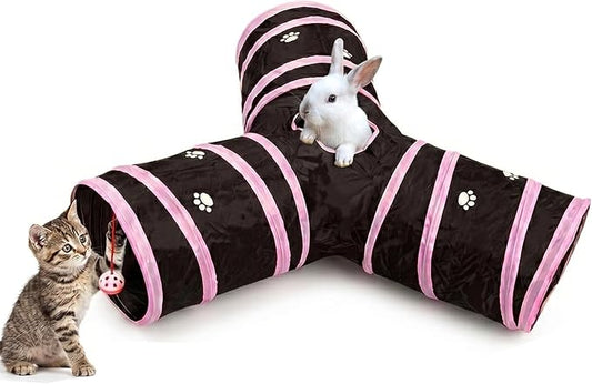Cats Bunny Tunnel Tube Pink,3 Way Collapsible Small Animal Play Tunnel Toys with Ball for Indoor Cat Kitten Bunny Rabbit Ferret Small Animals (Black@Pink)