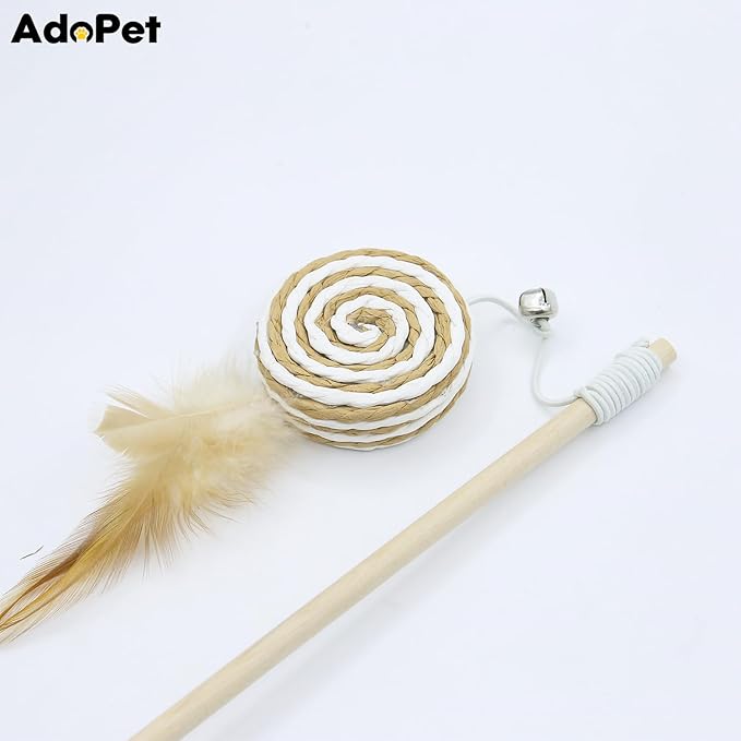 4PCS Cat Teaser Wand Toy Set – Wooden Handles with Sisal Rope Balls, Mouse & Feather Attachments, Interactive Play Wands with Bells for Indoor Cats