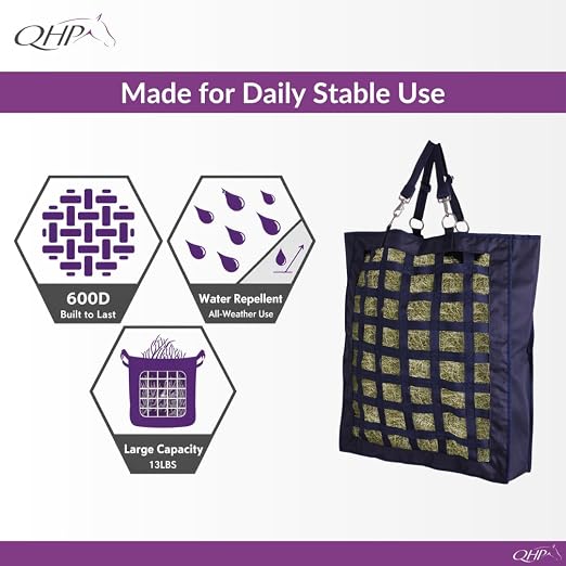 QHP Hay Bag for Horses | Slow Feed Horse Hay Bag | Horse Hay Feeder | 2.4" Mesh | Holds up to 13 lbs | Durable 600D Polyester | Stall, Trailer & Paddock | 2-Year Warranty (Navy)
