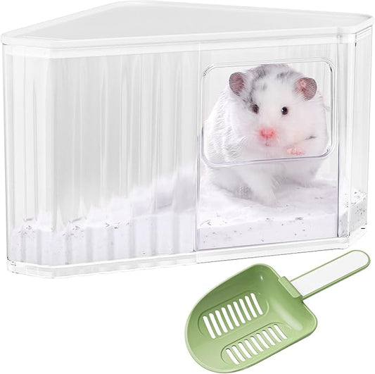 mini&moe Hamster Sand Bath Container - Small Animal Bathroom Shower Room Large Space Corner Digging Box with Cleaning Scoop Rat Dust Bath House for Guinea Pig, Hedgehog, Gerbil
