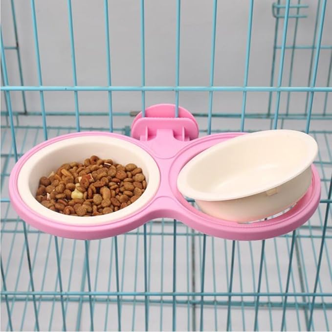 Pet Durable Bowl Cage Bowl, Pet Food Water Removable Bowls with Bolt Holder Hanging Cage Coop Cup Non-Skid Feeder Set Double Diners Portable for Feeding Dogs Cats Birds (Pink)