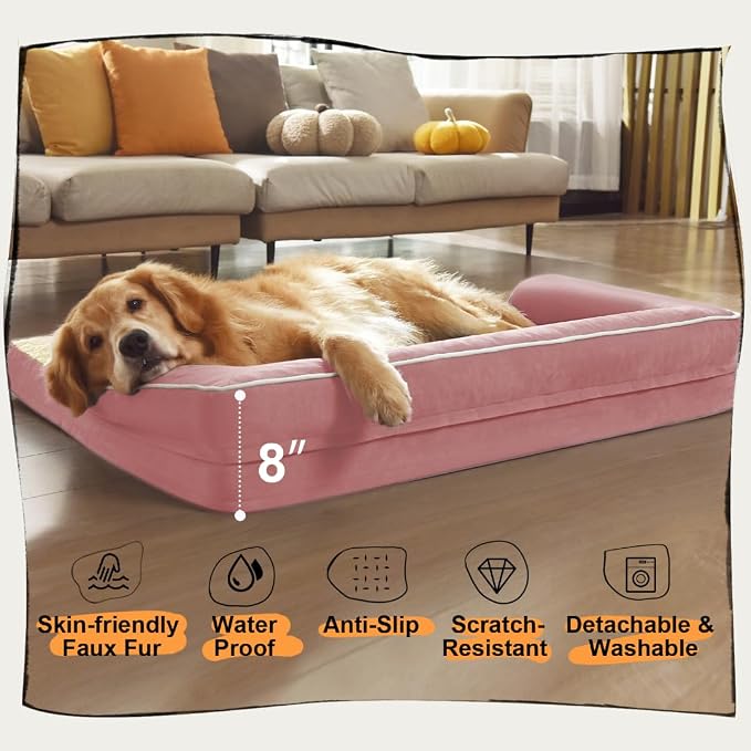 MEKIY Orthopedic XL Dog Bed with Bolster for Extra Large Size Dogs | Pillow Support for Neck Relief, Egg Crate Foam, Skin-Friendly Surface, Waterproof Liner, Anti-Slip Bottom, 42 x 30 Inch