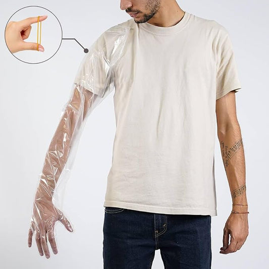 50 Pcs Disposable Long Gloves Full Arm Shoulder Length 35.5 Inch Plastic Dressing Gutting Gloves for Field Dressing House Cleaning Gardening (Come with 20 Free Rubber Bands)