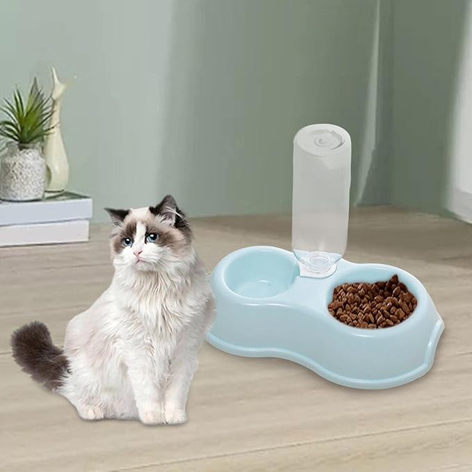 Fenteer 2 in 1 Double Cats Dogs Bowls Automatic Waterer Bottle Drinker Dish Feeder Pets Water and Food Bowl Set for Watering Rabbit Kitty Kitten, Blue