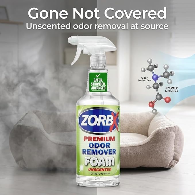 ZORBX Premium Unscented Odor Remover Foam 32 oz – Extra Strength, Fragrance-Free Odor Eliminator Foamer for Pets, Drains, Garbage Disposal, Carpets, Bathroom & Kitchen