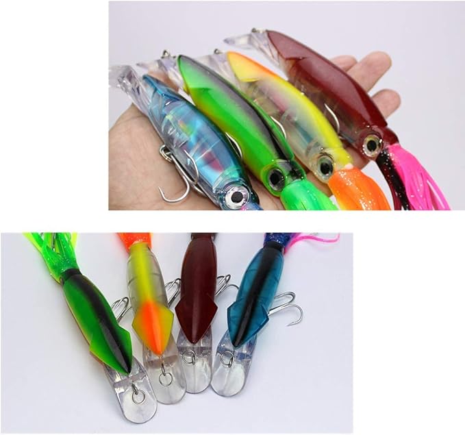 4Pcs Large Simulation Squid Fishing Lures Bait Kit,3D Holographic Eyes，Built-in Multicolored Lead Blocks Through Heavy Duty ，Stable and Tempting