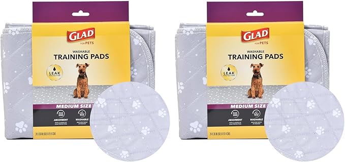 Glad for Pets Washable Dog Pee Pads, Medium, 24 x 36 Inch, 2 Count, Gray with Paw Prints, 3-Layer Leak Protection, No-Slip Vinyl Bottom, Reusable Puppy Training Pads (Pack of 2)