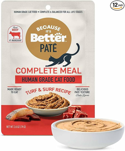 Because It’s Better Pate Complete Meal - Wet Cat Food - Turf & Surf Recipe - Organic, Balanced, Smooth Pate Texture, Human-Grade Ingredients, Grain Free, 2.6 oz Pouches (12 Count)
