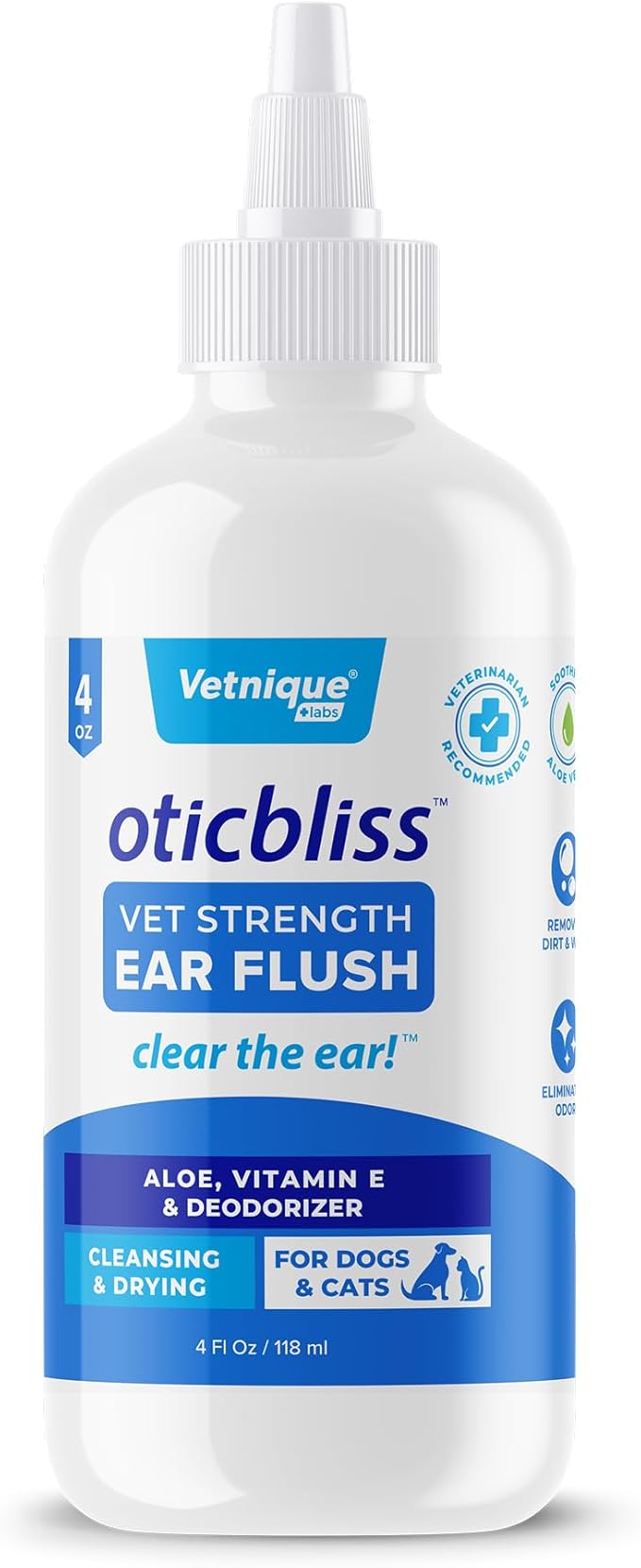 Vetnique Oticbliss Dog Ear Cleaner Flush Dog Ear Cleaning Solution for Dirt and Wax with Soothing Aloe Dogs & Cats Flush - Vet Recommended for Itchy Ears