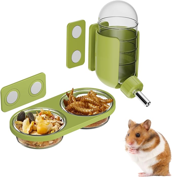 Magnetic Hamsters Feeding Set Freestanding Water Bottle Food Bowl for Glass Tanks, Suitable for Syrian Dwarf Hamsters Gerbils Mice Rats Degus (Green, Magnetic-Mounted)