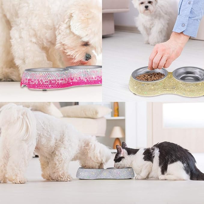 SAVORI Small Dog Bowls, Handmade Bling Rhinestones Stainless Steel Pet Bowls Double Food Water Feeder for Puppy Cats Dogs Cats (AB Color-320ml)