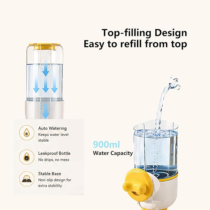 GPY Automatic Hanging Gravity Siphon Water Dispenser, 30oz Large Capacity Rabbit Water Bottle Guinea Pig Bunny Water Dispensers Small Animal Water Bottle（Water Dispenser only, Yellow