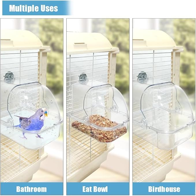 Bird Bath for Cage - Spacious Parakeet & Parrot Bathtub with Hanging Hooks, Portable Shower for Most Birdcages, Cleaning Pet Supply (Clear)