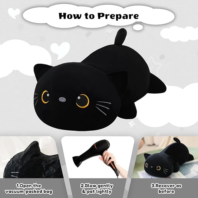 Finebee Weighted Black Cat Stuffed Animals, Cute Weighted Black Cat Plush, Soft Stuffed Weighted Plushie Pillow Gifts for Kids & Adults (23.6" 3.1Lbs)