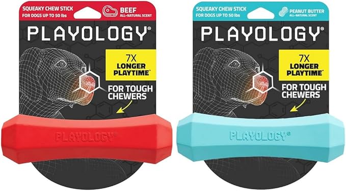 Playology Squeaky Chew Stick Dog Toys, Beef Scented & Peanut Butter Scented for Medium Dogs up to 50 lbs | Engaging All-Natural Scented Dog Chew Toy for Tough Chewers | Easy to Clean & Non-Toxic Mater