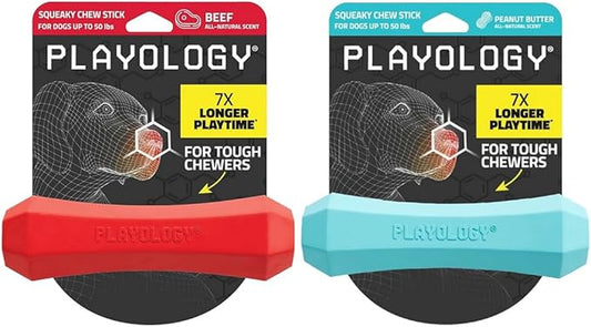 Playology Squeaky Chew Stick Dog Toys, Beef Scented & Peanut Butter Scented for Medium Dogs up to 50 lbs | Engaging All-Natural Scented Dog Chew Toy for Tough Chewers | Easy to Clean & Non-Toxic Mater