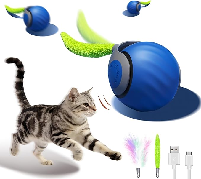 Interactive Cat Toy Ball - Automatic Interactive Cat Toys for Indoor Cats to Keep Them Busy, 2026 New Rechargeable 2 Speeds Enrichment Toys with 2 Tails, Smart Rolling Toy for Small/Medium/Large Cats