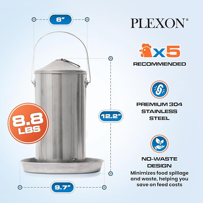 Plexon 8.8 Lb Stainless Steel Hanging Chicken Feeder no Waste Food-Grade - Duck Turkey Poultry Feeder for Chicken Metal - Heavy Duty Reliable Long-Lasting with Handle