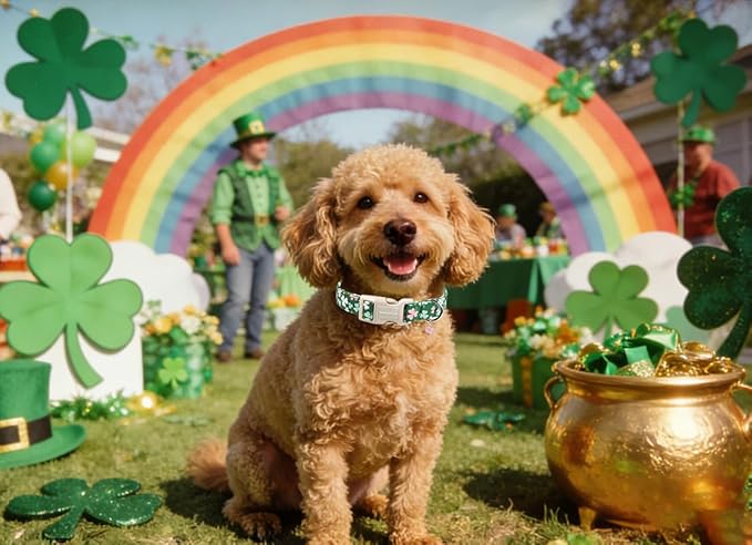 Lionet Paws St. Patrick Dog Collar- Cute Clover Green Dog Collars with Plastic Buckle, Light Adjustable Dogs Collars with Pink Clover Pendant for Medium Dogs