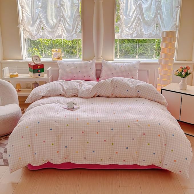 BlueBlue Pink Grid Duvet Cover Set Twin 100% Cotton Soft Lightweight Gauze Bedding Rainbow Polka Dot on Plaid 1 Abstract Geometric Comforter Cover 2 Pillowcases (Twin)