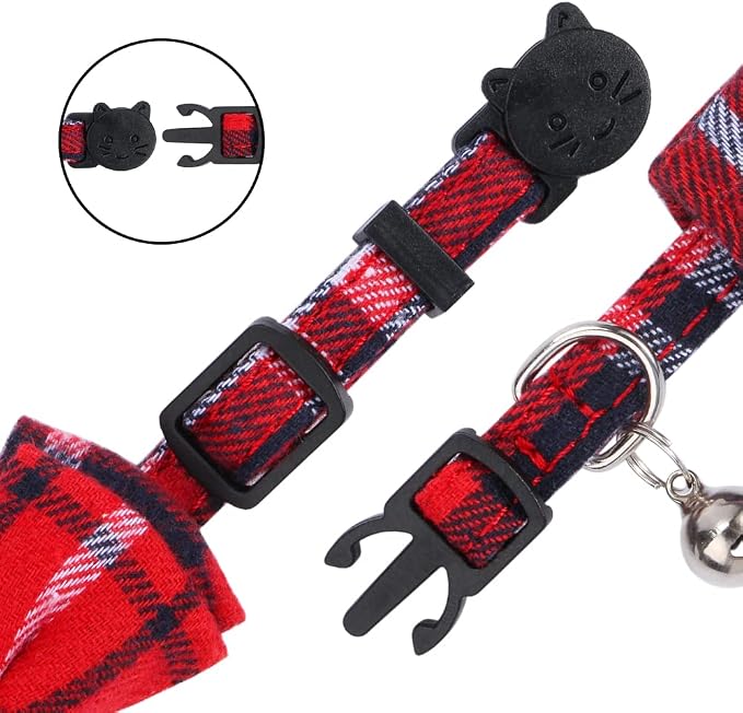 Faleela 2 Pack/Set Cat Collar with Cute Bow Tie and Bell,Breakaway Plaid Shirt Collar for Kitty Adjustable Safety