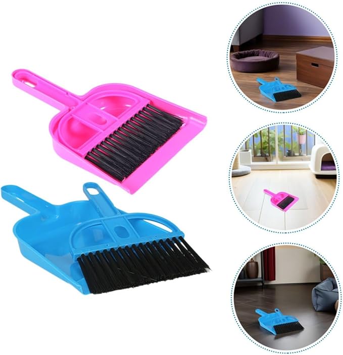 Mini Dustpan and Small Broom Set 10pcs for Pet Cage Cleaning, Bright Pink and Blue, Mini Handheld Brush for Hamsters, Rabbits, Hedgehogs, Chinchillas and Small Animals