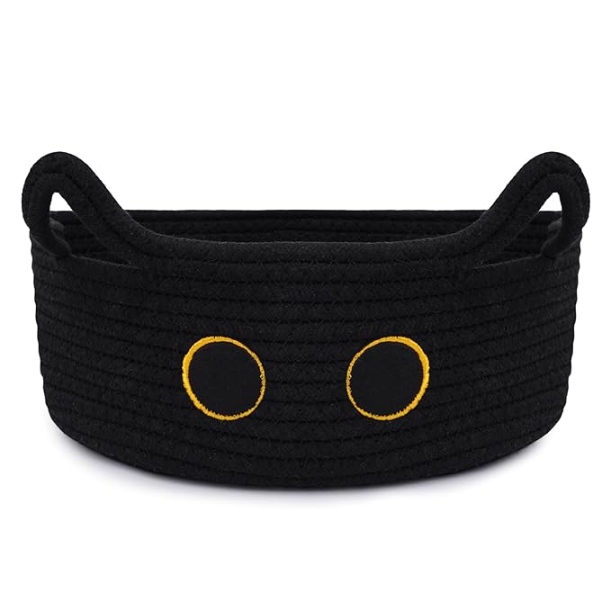 Black Cat Toy Basket for Nursery, Small Cute Cat Oval Woven Cotton Rope Blanket Storage Basket, Baby Shower Blanket Hamper 0rganize Box with Handles,Gifts Empty Storage Cat Bin,12"D x 5"H in