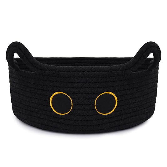 Black Cat Toy Basket for Nursery, Small Cute Cat Oval Woven Cotton Rope Blanket Storage Basket, Baby Shower Blanket Hamper 0rganize Box with Handles,Gifts Empty Storage Cat Bin,12"D x 5"H in