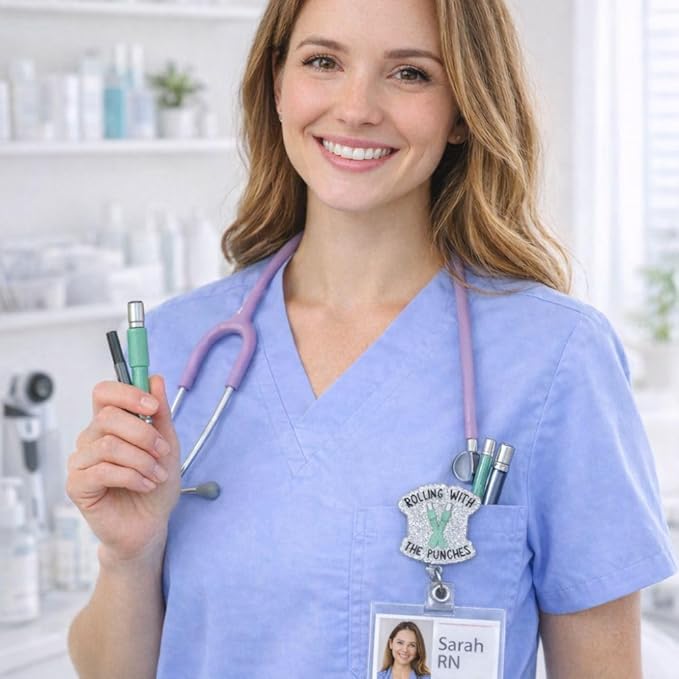 Rolling with The Punches Badge Reel Funny Humor Derm Dermatology Work ID Name Holder with Retractable Clip Appreciation Gift for Dermatologist Esthetician Dermatome Cardiology Physical Therapists