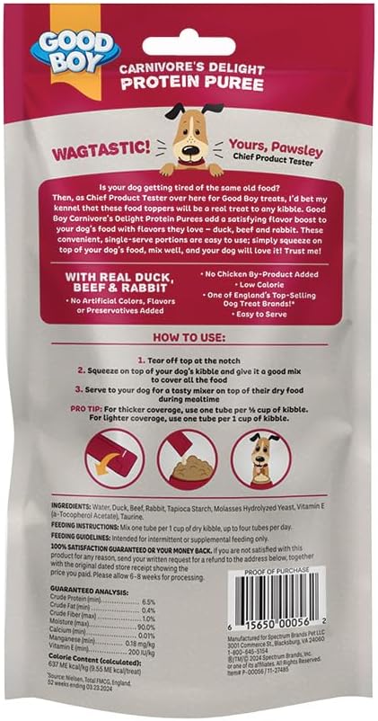 GOOD BOY Carnivore’s Delight Protein Purees Dog Food Mixers for All Adult Dogs, 10 Count, Easy Single-Serve Triple Flavor Topper Treats with Duck, Beef and Rabbit (Pack of 2)
