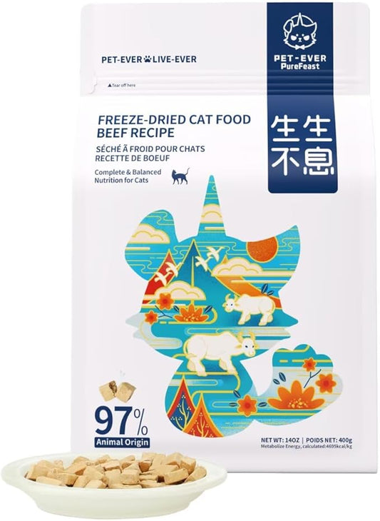 Cat Food - Freeze-Dried Food (Beef Receipe 400g) + Wet Canned Food Poultry Receipe (100g*6 Cans)