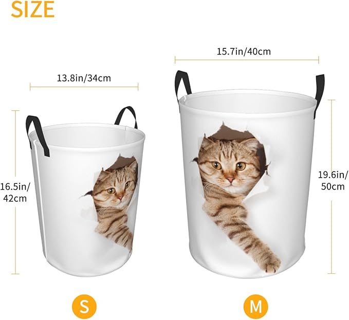 Cute Cat In White Hole Round Laundry Hamper Storage Basket Toys Clothes Organizer Bin For Home Bathroom Bedroom Dorm Nursery, 38l