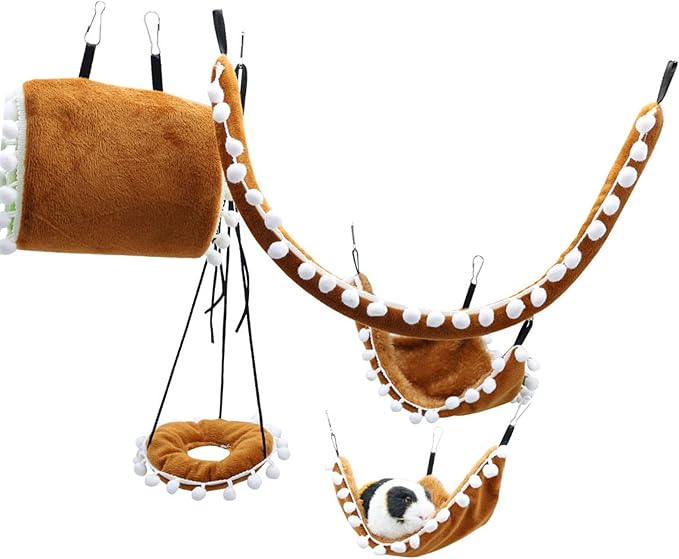 5 in 1 Ferret Rat Guinea Hammock and Warm Bed, Soft Cotton Guinea Pig Hideout Hammock Tunnel, Hanging Swing Cage Accessories for Hamster Sugar Glider Squirrel