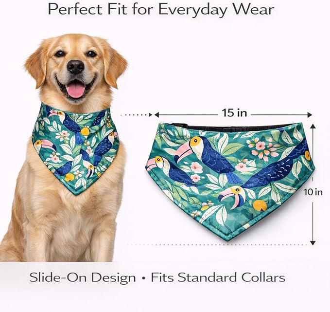 Luxury Satin Dog Bandana – Slip-On Collar Style, Premium Pet Scarf for Medium, Large & XL Dogs – Special Occasion Accessory (Collar Not Included) (Medium - Extra Large, Toucan (O) Luxe - Satin)
