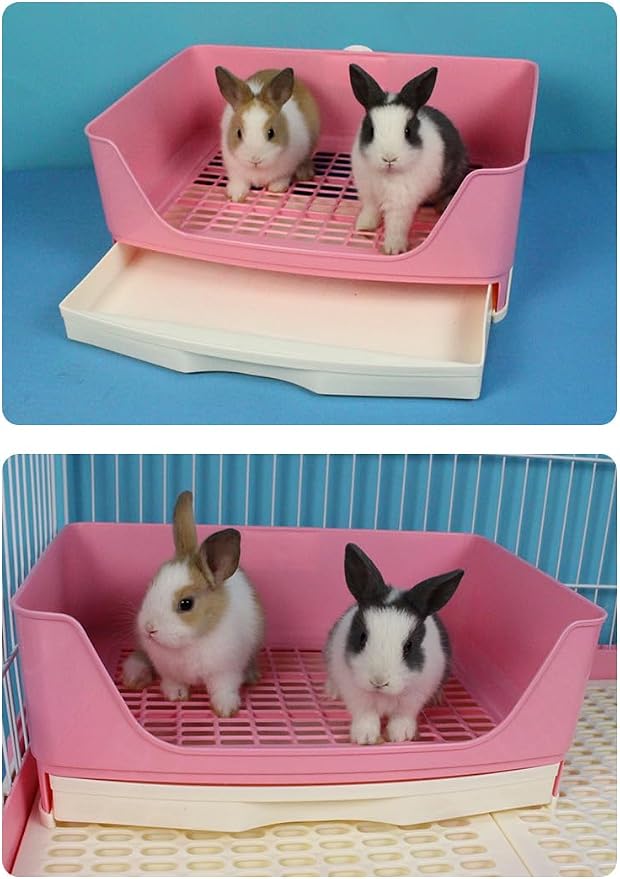 Large Rabbit Litter Box,Corner Potty Trainer with Drawer for Small Animals, Easy Clean Bedding Toilet for Adult Bunny, Guinea Pig, Ferret, Hamster (Pink)