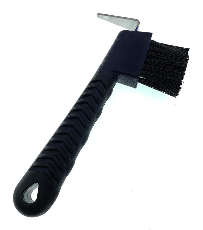 Horse Hoof Pick with Brush - Non-Slip Ergonomic Handle, Heavy-Duty Steel Pick & Stiff Bristles - Removes Dirt, Mud & Rocks - Horse Grooming Tool for Daily Hoof Care (Black)