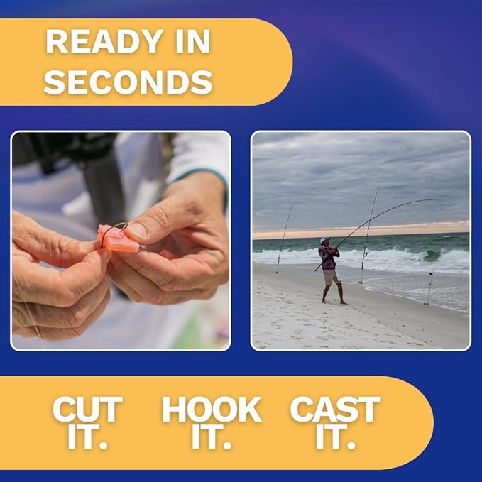 FishGum Surf Fishing Bait Strips for Saltwater Beach Fishing – Real Shrimp, Crab, Clam & Sand Flea Infused Scent – Artificial Cut Bait for Pompano, Redfish & Flounder